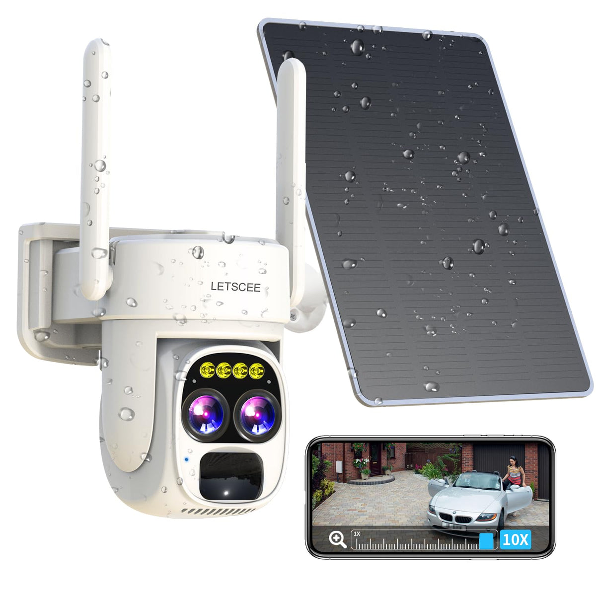 Cameras for Home Security Wireless Outdoor Solar,Alexa Security Camera Outside,360 PTZ Outside WiFi Camera Dual Lens 10x Zoom,Night Vision,2K,Water Proof