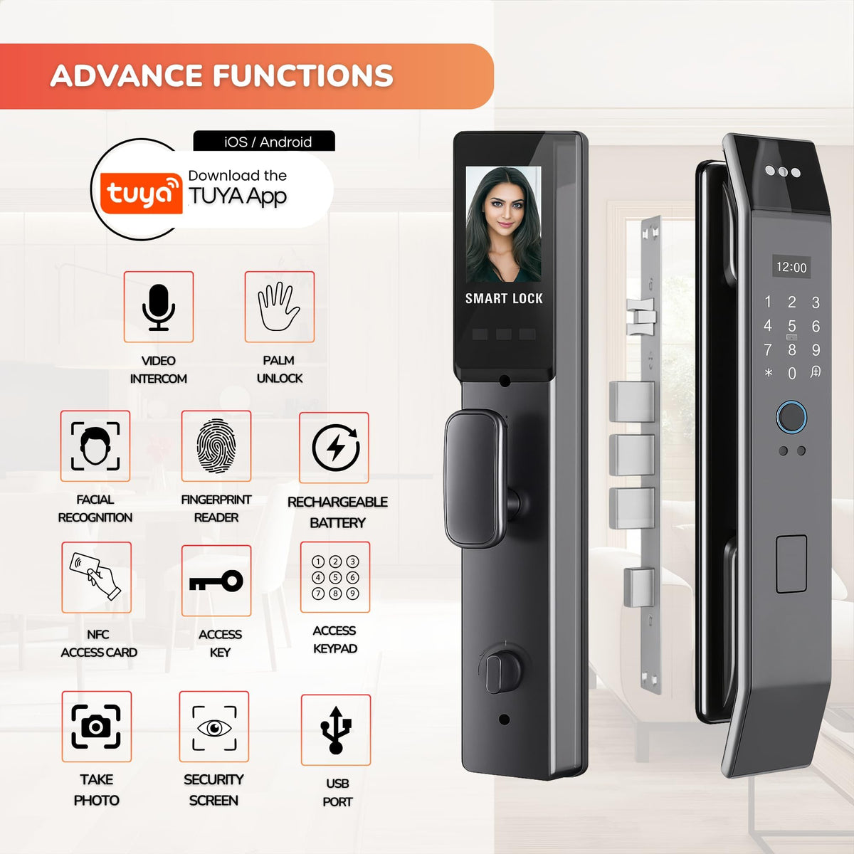XF14 Pro Smart Door Lock with Face Recognition - Electronic Keyless Entry Deadbolt, Digital Keypad, RFID Card and Mechanical Key for Home and Office Access