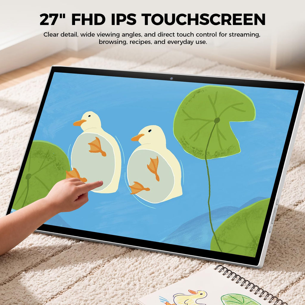 VLH 27″ 2-in-1 Smart Portable TV on Wheels,Detachable Touchscreen, Android 15 Tablet 6+128G Wireless Rolling Display with 4K Camera, 10W Speaker,Voice Air Remote, EDLA Certified, Bedroom Patio Outdoor