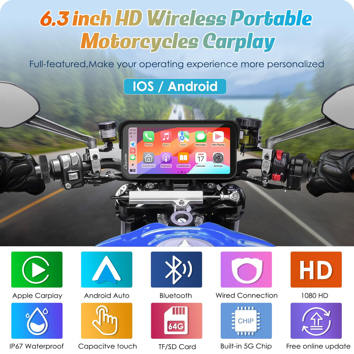 Carpuride W603 6.3" Motorcycle Wireless CarPlay & Android Auto