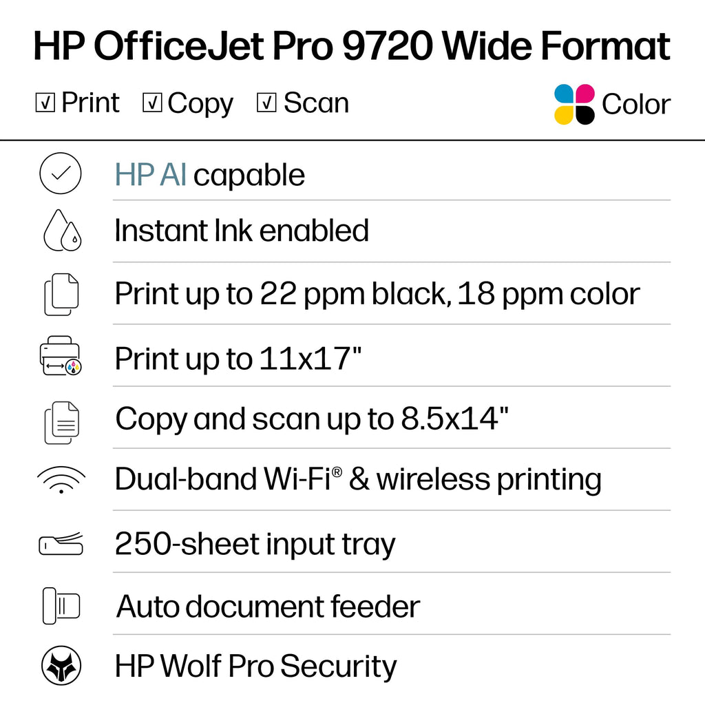 HP OfficeJet Pro 9720 Color Inkjet Printer | Wireless | All-in-One
