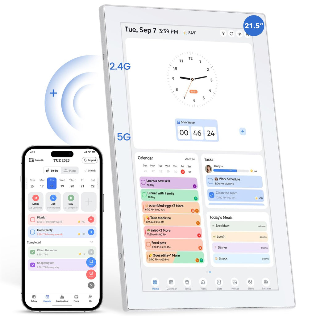 Digital Calendar Wall Touch Screen, 21.5IN Smart Electronic Wall Planner with Interactive Chore Chart for Family Schedule Organizer & Photo Frame, No Subscription, Two Way Sync, Wall Desk Mountable