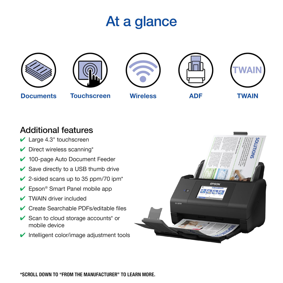Epson Workforce ES-580W Wireless Color Duplex Desktop Document Scanner