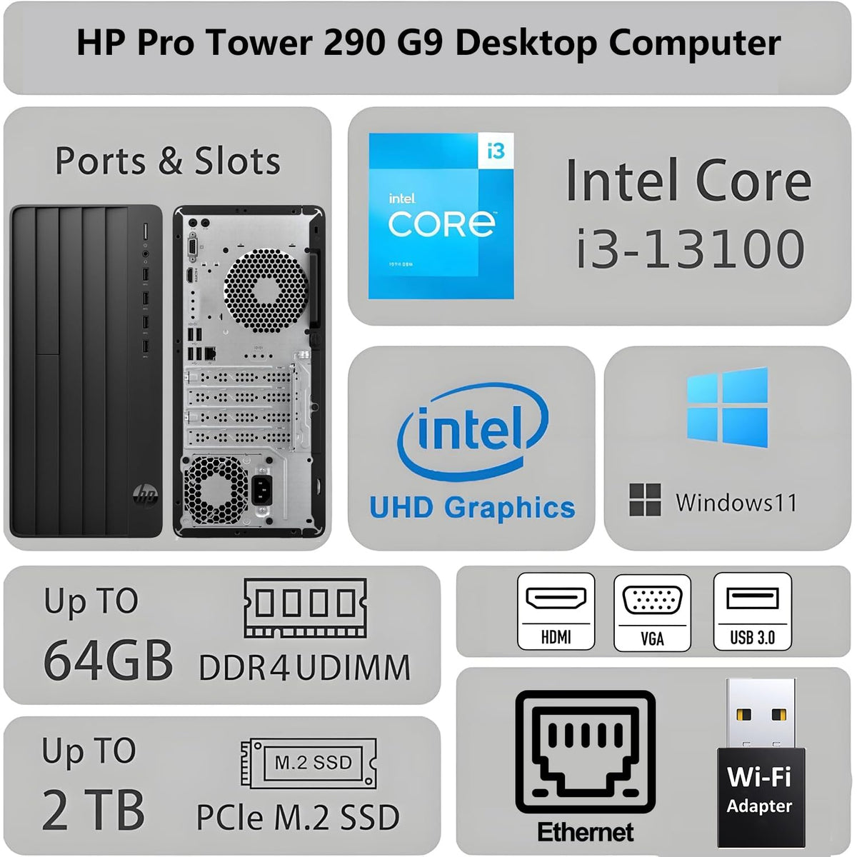 HP Desktop Pro Tower Business Computer, Intel Core I3, 8GB RAM 256GB SSD