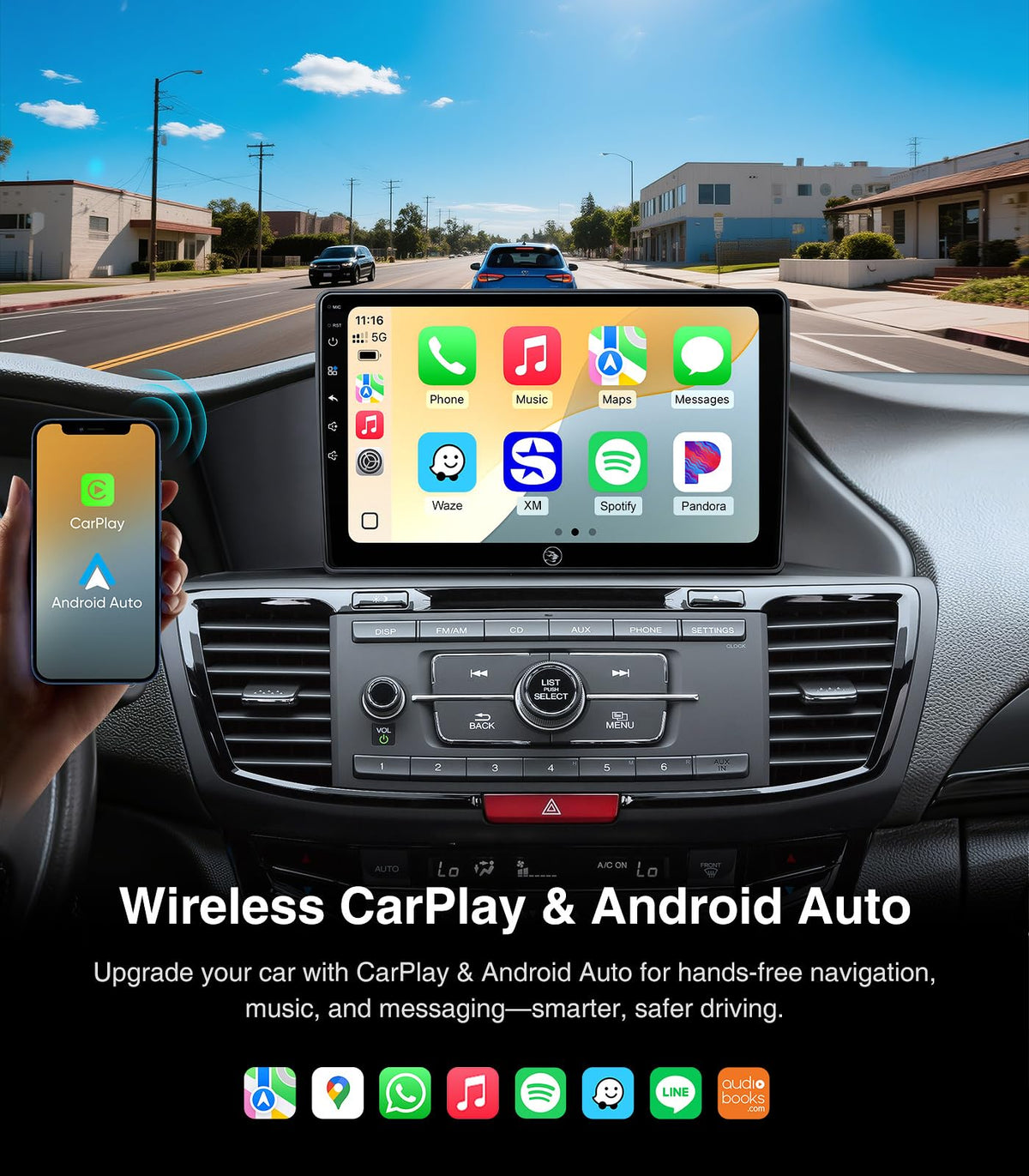 Car Stereo for Honda Accord 9th (2013-2017), 10" Touchscreen Radio Replacement with Wireless CarPlay, Android Auto, GPS Navigation, Bluetooth