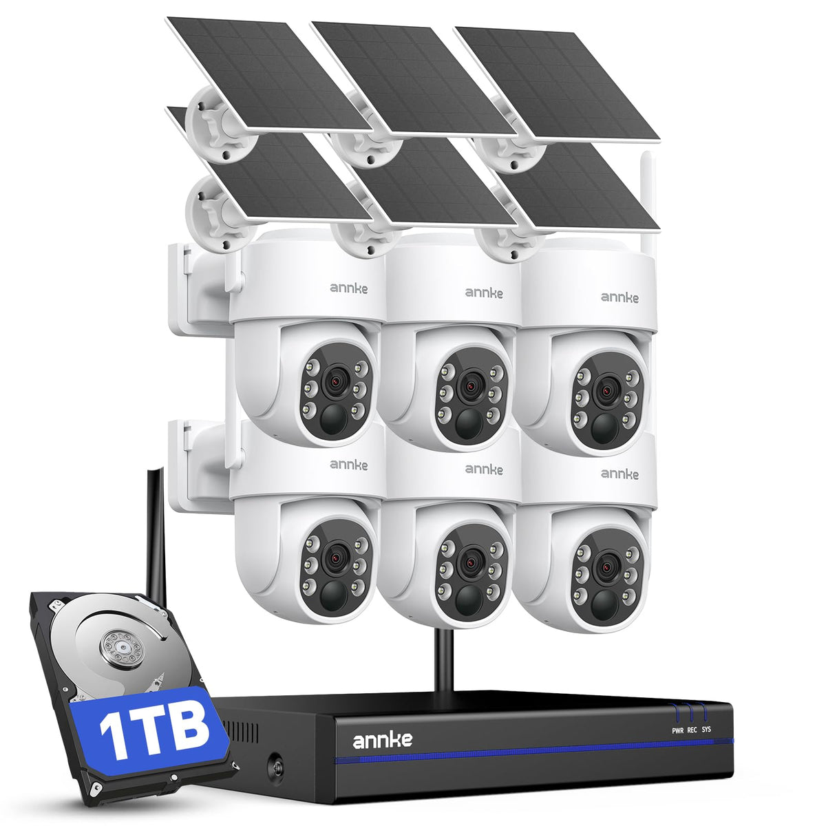 ANNKE Solar Camera System Wireless Outdoor PT, 4K NVR & 4X 4MP Cam, 1TB HDD