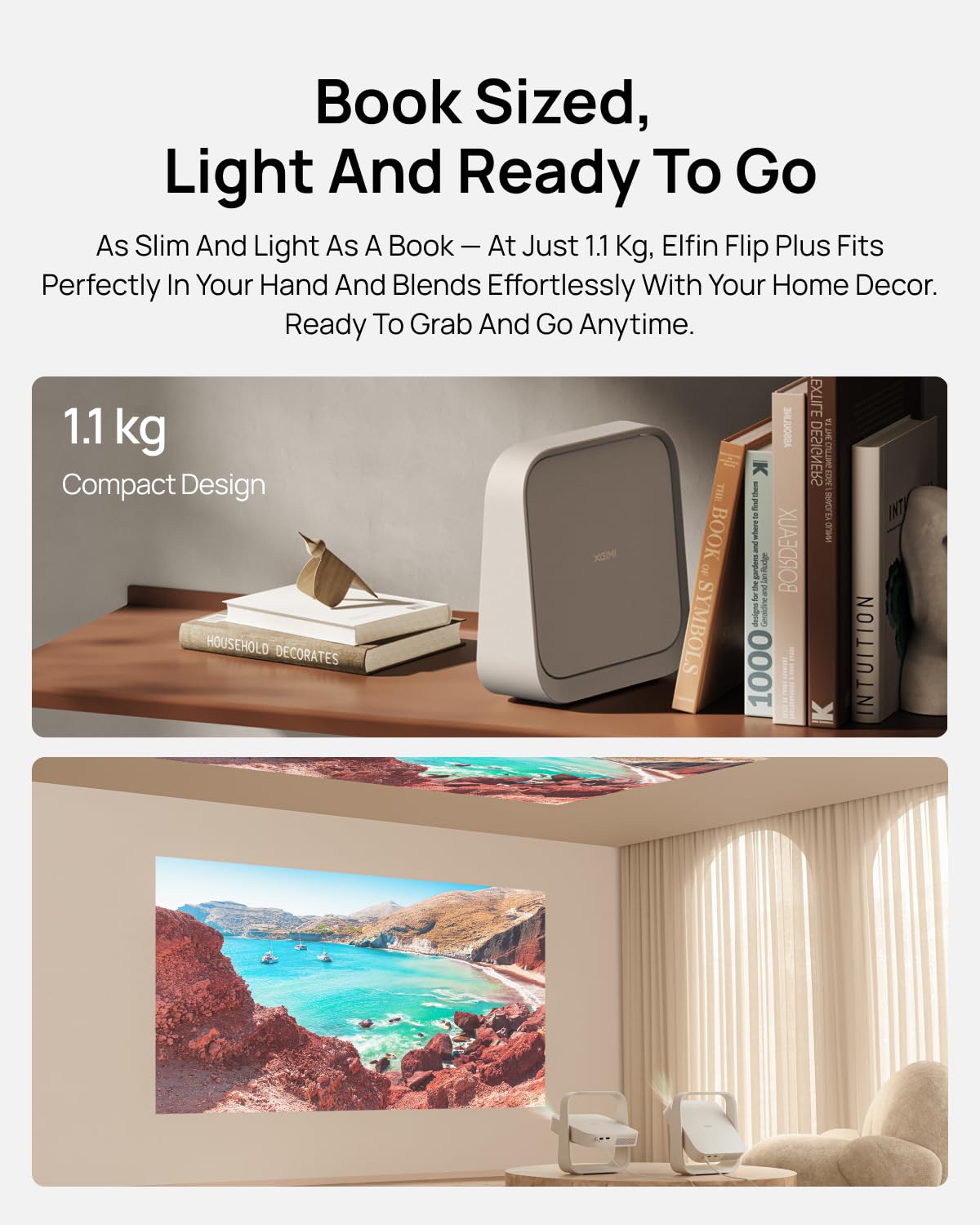 XGIMI Elfin Flip Plus Portable Projector, 500 ISO Lumens, Adjustable Stand