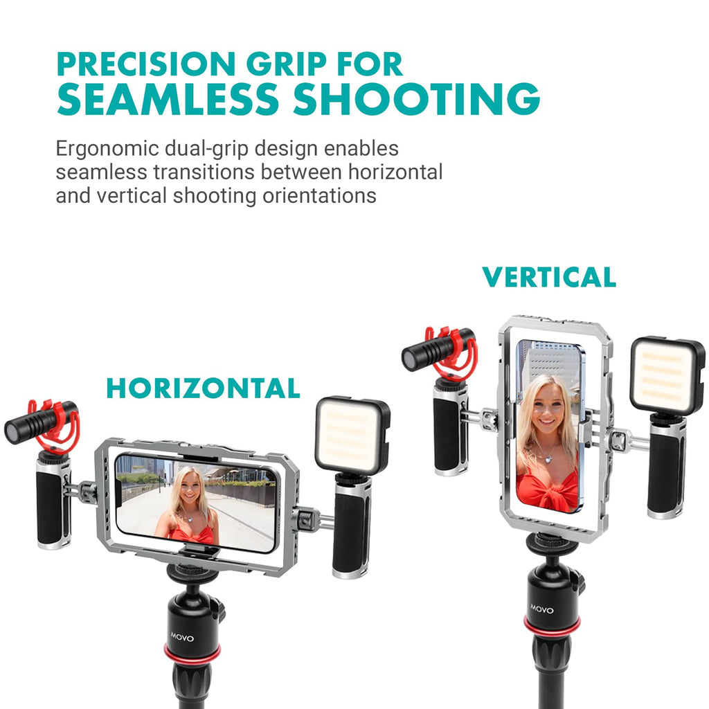Movo iFilmer-PRO Smartphone Video Rig Kit – Stabilizer Cage with Dual Grips, VXR10 Shotgun Microphone, LED Light, & Tripod for iPhone/Android