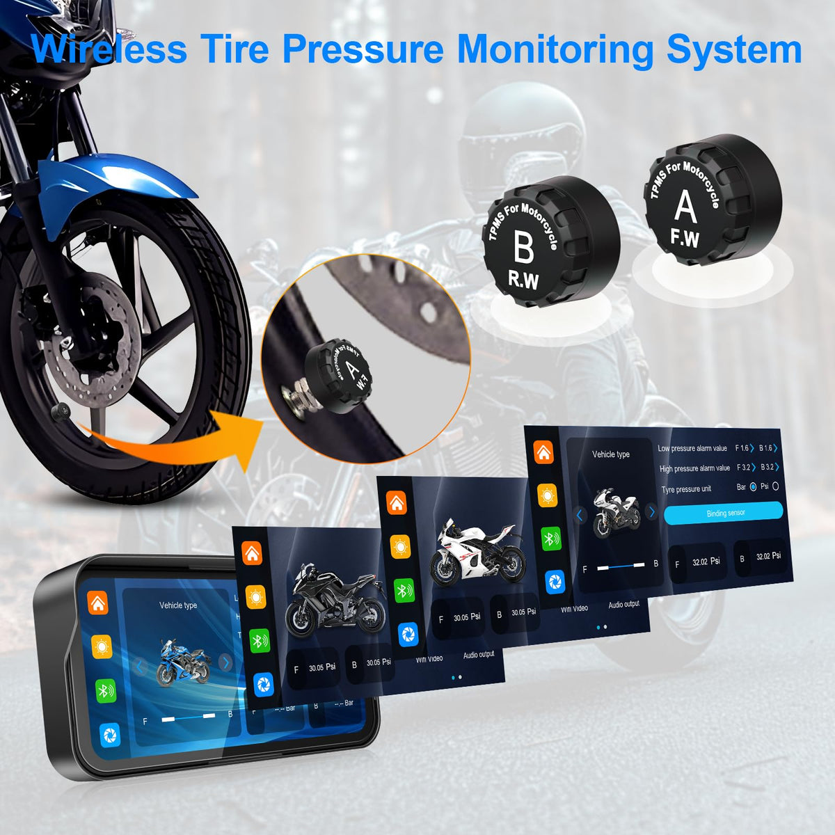 6.25" Motorcycle Carplay with HD Waterproof Touchscreen, Android Auto, TPMS, GPS Navigation System, Dash Cam, Remote Control, Loop Recording, Support Siri, Bluetooth, Inclued 128G SD Card