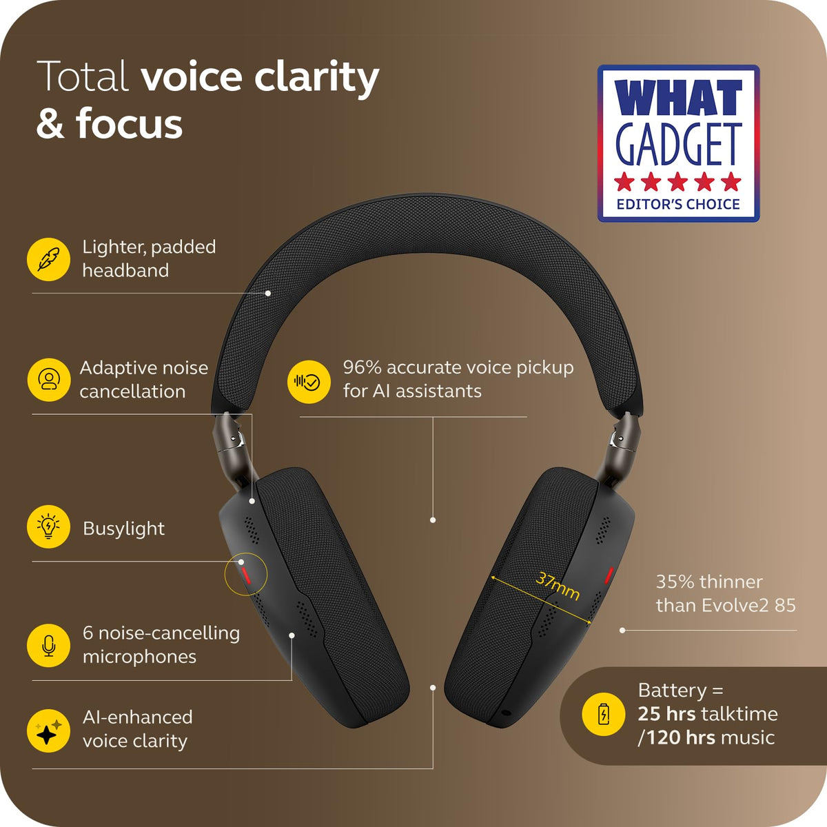 Jabra Evolve3 85 Over‑Ear Wireless Bluetooth Headphones with Mic, Black