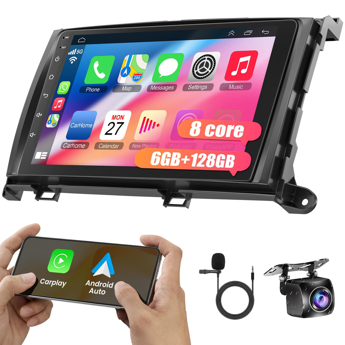 8 Core 6GB+128GB Car Radio for Toyota Sienna 2011-2014,9 Inch QLED Touch Screen Car Stereo with Carplay&Android Auto,WiFi,GPS Navigation,Bluetooth,FM&AM Radio,Android 15
