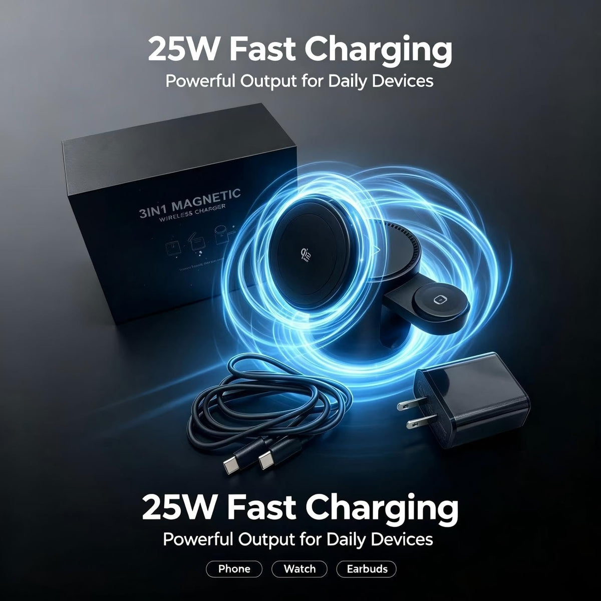 3-in-1 Wireless Charging Station for Apple, 25W Fast Magnetic Charger for iPhone 18/17/16/15/14/13/12 Series, Apple Watch & AirPods, Zinc Alloy & ABS Desktop Stand with 45W PD Adapter & USB-C Cable