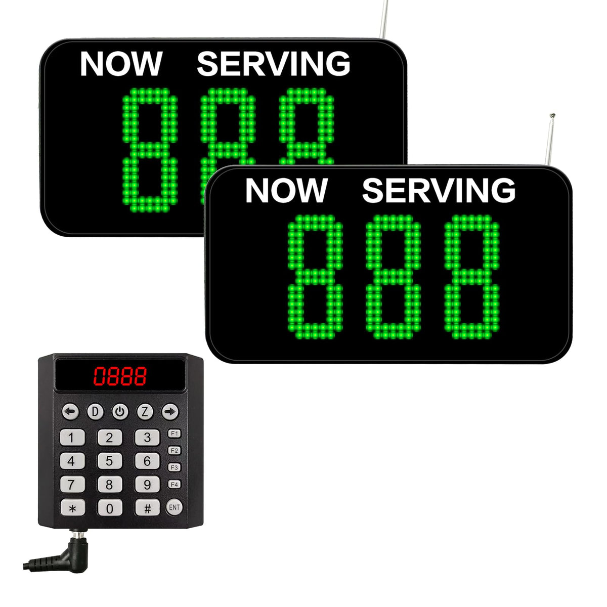 3-Digit Customer Number System Wireless Queue Calling System with 1 Keypad Caller 2 Now Serving Screens Real-Time Display Green Ticket Number for Office Clinic Bank Waiting Line Management