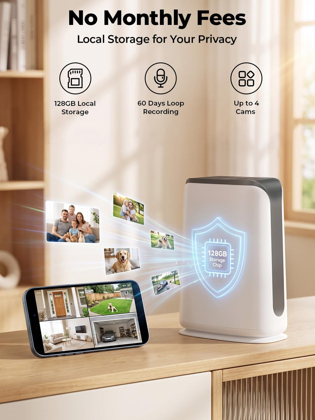 Solar Security Cameras Wireless Outdoor No Subscription with 128GB SD Home Hub, 4 Cam Kit 8 Views Dual-Len Solar Powered Camera Home Security System, 5GHz & 2.4GHz Wifi, 4MP Color Night Vision IP66