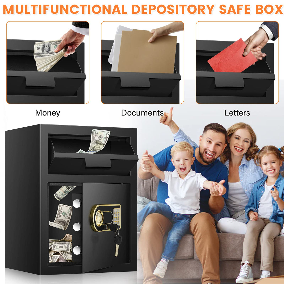 2.3 Cubic Depository Safe with Drop Slot, Electronic Anti-Theft Drop Safe for Business with Programmable Numeric Keypad Lock and Spare Keys, Cash Drop Safe Box for Office Home Retail Store