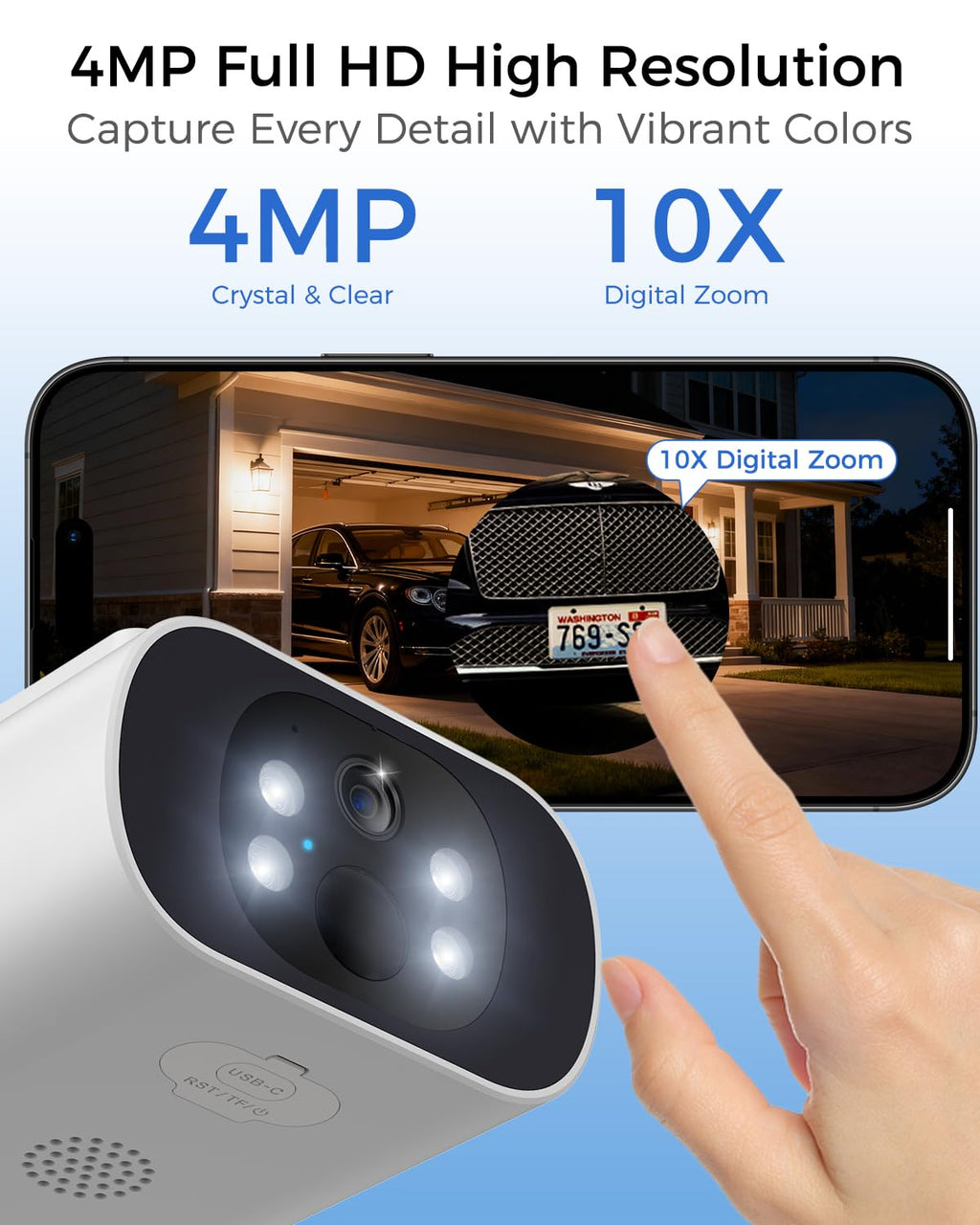 4MP Solar Security Cameras Wireless Outdoor, 64GB Local Storage