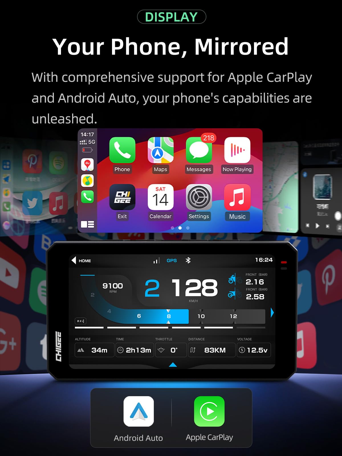 CHIGEE AIO-6 MAX Motorcycle Carplay Android Auto GPS Navigation System, 2000nits,STARVIS HDR 6" LCD, 60FPS,5G Wi-Fi BT, IPX9 Waterproof, Support Siri Google Assistant, Dedicated App