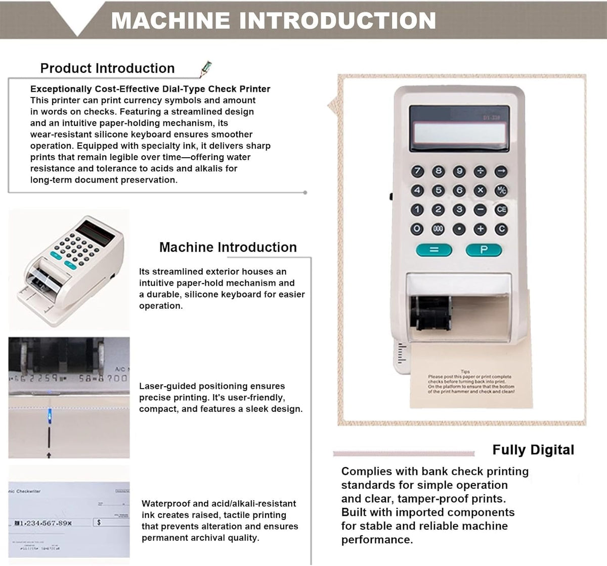 16 Digit Electronic Check Writer, Amount Only Anti Tamper Check Printer