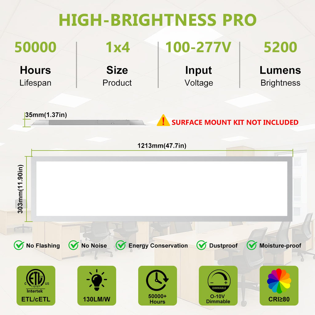 YXL 6 Pack 1x4 LED Flat Panel Light Office Light, 5200LM, 5CCT LED Drop Ceiling Light Fixture, 40W/35W/30W/25W/20W Selectable,6500K/5000K/4000K/3500K/3000K,Dimmable 0-10V,ETL