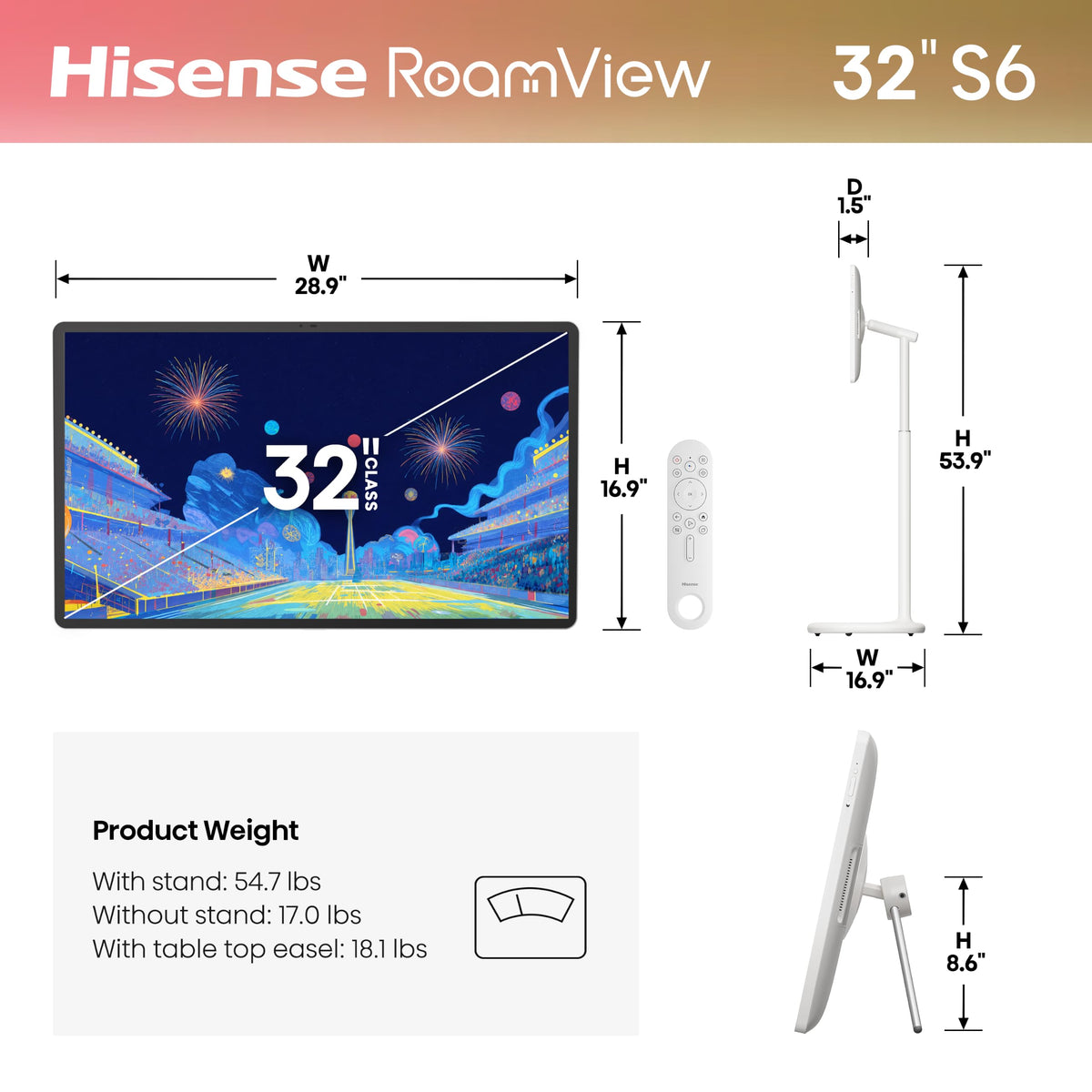 Hisense 32" Class S6 RoamView Sereis Portable 4K UHD Portable Smart TV (32S6S, 2026 Model) -Touchscreen with Adjustable Rolling Stand, Up to 10 Hours Built-in Battery, Android OS with Gemini AI