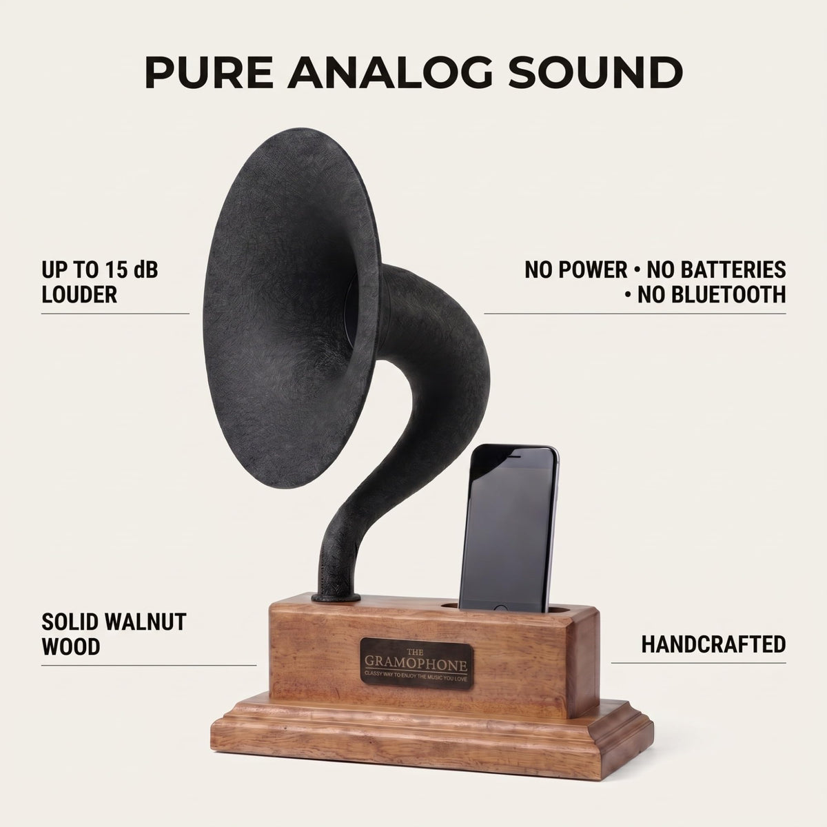 Gramophone Phone Speaker | Vintage Acoustic Amplifier & Dock for iPhone and Android | Passive, Non-Electric Sound for Home & Office Decor | Unique Personalized Gift 15" Royal Oak & Brushed Black