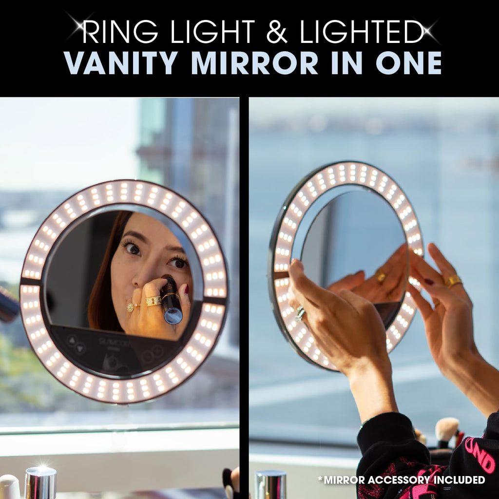 GLAMCOR Sunrise ECO Plus Pro Kit - Portable & Foldable LED Ring Light: Selfie Light & Content Creator Kit | HD Adjustable Color Temperature, Flicker-Free, with Phone Holder & Remote (Grey)