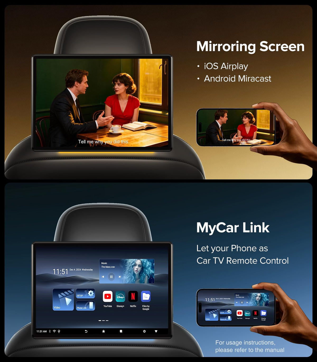 13.5" Car TV Screen for Back Seat Android 13 Headrest Video Player 1-Pack