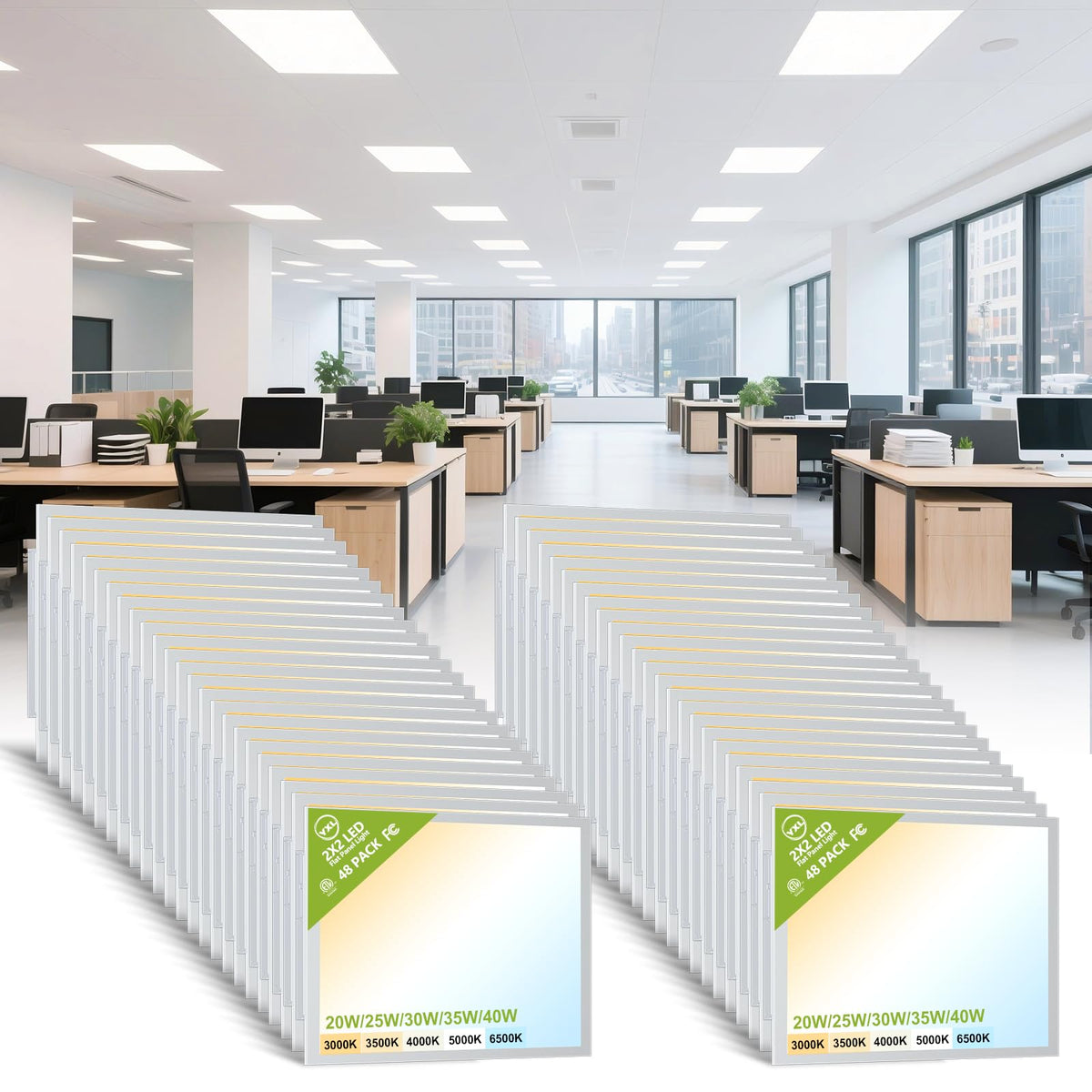 YXL 6 Pack 1x4 LED Flat Panel Light Office Light, 5200LM, 5CCT LED Drop Ceiling Light Fixture, 40W/35W/30W/25W/20W Selectable,6500K/5000K/4000K/3500K/3000K,Dimmable 0-10V,ETL