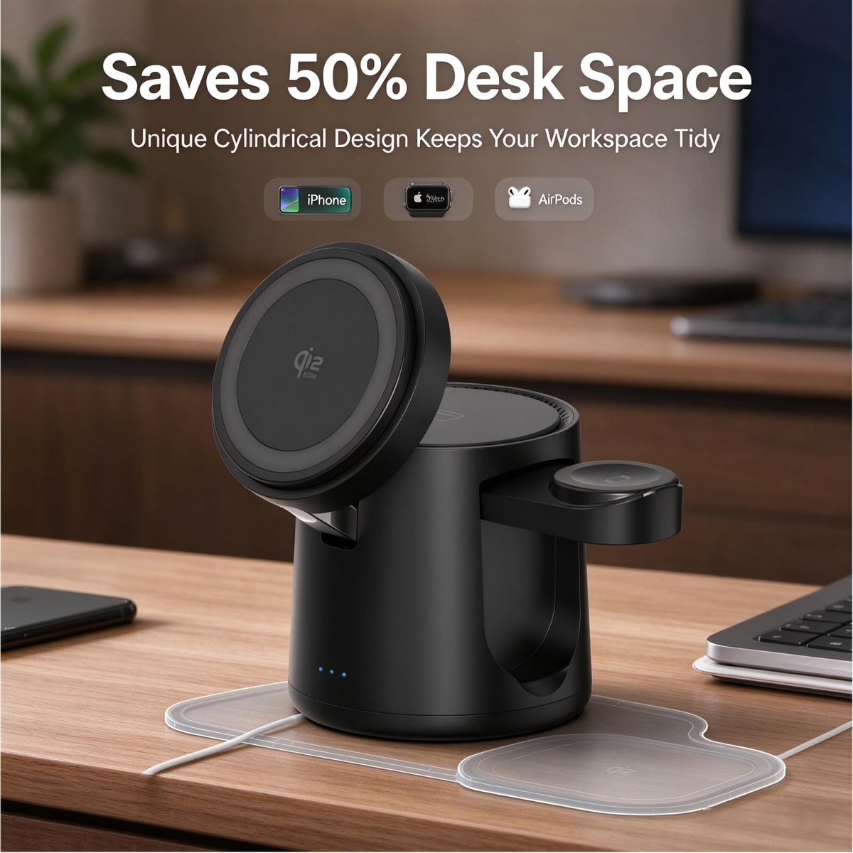 3-in-1 Wireless Charging Station for Apple, 25W Fast Magnetic Charger for iPhone 18/17/16/15/14/13/12 Series, Apple Watch & AirPods, Zinc Alloy & ABS Desktop Stand with 45W PD Adapter & USB-C Cable