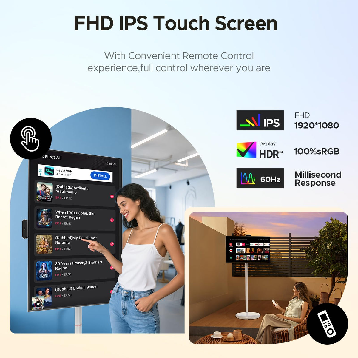 32" Smart Portable TV on Wheels, FHD Touchscreen Rolling Monitor