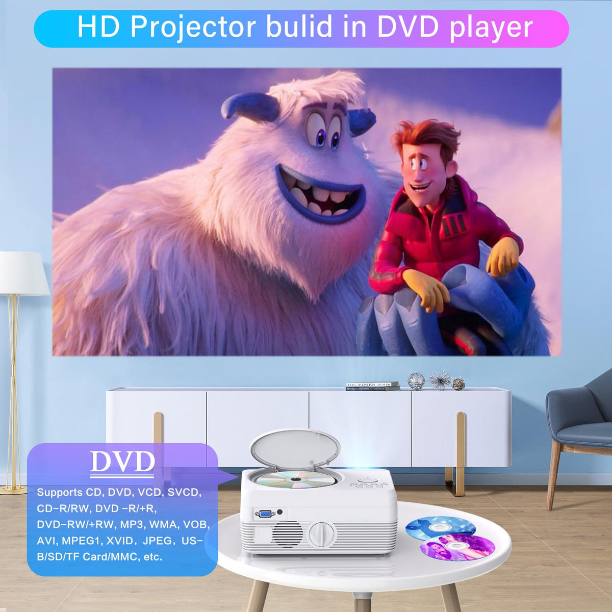 Full HD WiFi Bluetooth Projector Built in DVD Player, Native 1080P Supported, Portable Mini DVD Projector for Outdoor Movies, 250" Home Theater, Compatible with iOS/Android/TV Stick/PS4/HDMI/USB/TF