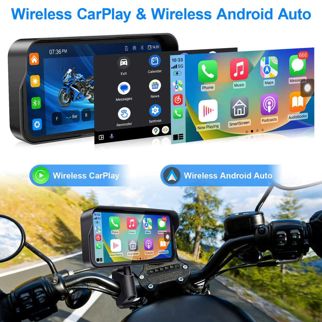 6.25" Motorcycle Carplay with HD Waterproof Touchscreen, Android Auto, TPMS, GPS Navigation System, Dash Cam, Remote Control, Loop Recording, Support Siri, Bluetooth, Inclued 128G SD Card