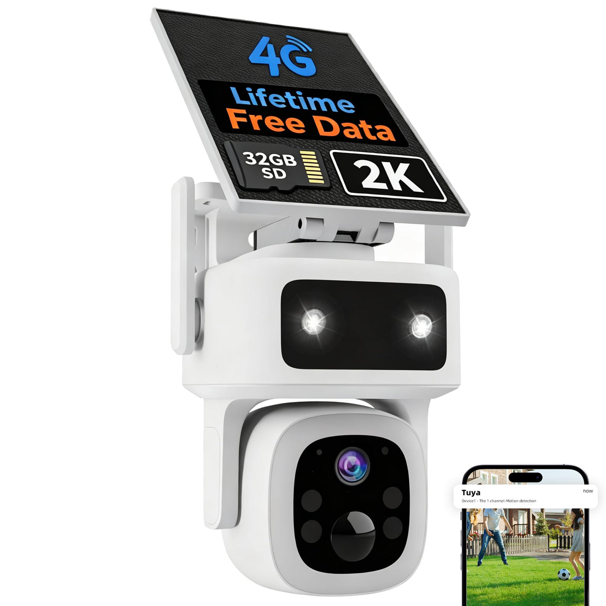 Lifetime Free Data & No Monthly Fee 4G LTE Solar Cellular Security Camera Outdoor Wireless,No WiFi Needed, 360° PTZ, 2K Full Color Night Vision, Human Tracking, 2-Way Audio, 32GB SD Card, IP66-White