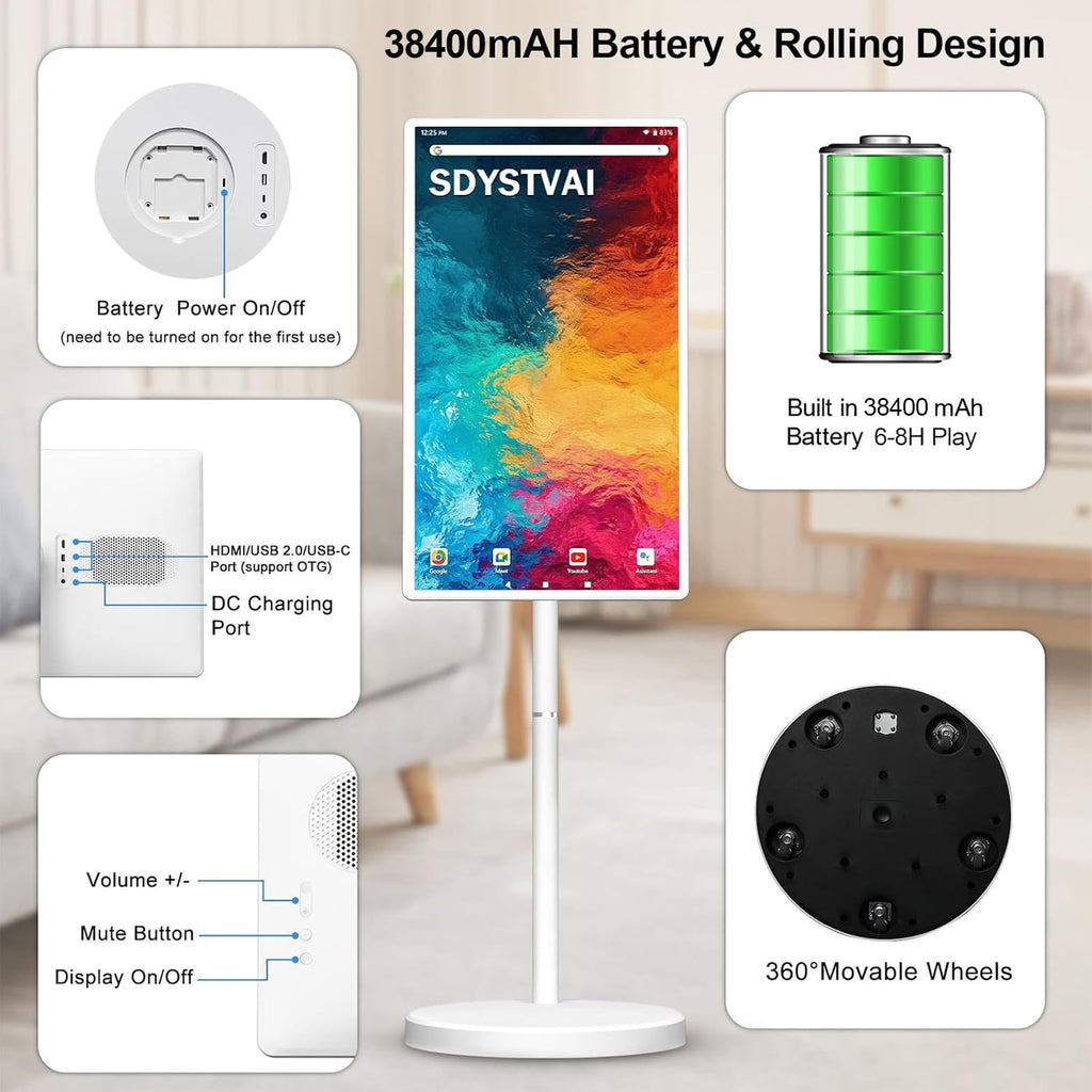 32-Inch FHD Smart Portable TV, Rolling TV on Wheels, Built-in Battery, Android 15 OS, Touch Screen Monitor, 6GB RAM + 128GB Storage, 8MP Camera, Full Swivel Rotation, Voice Remote