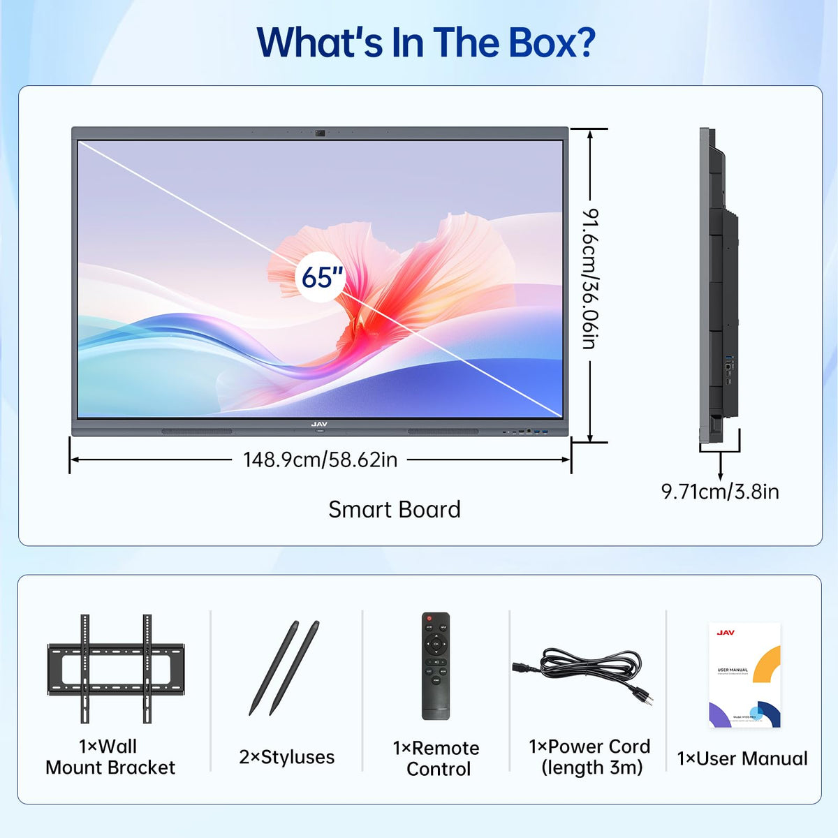 JAV 65 Inch Smart Board Pro, Google EDLA Certified 4K UHD Interactive Whiteboard for Classroom Home Office, Android 14, 8GB+128GB, 48MP AI Camera, Wi-Fi & Bluetooth