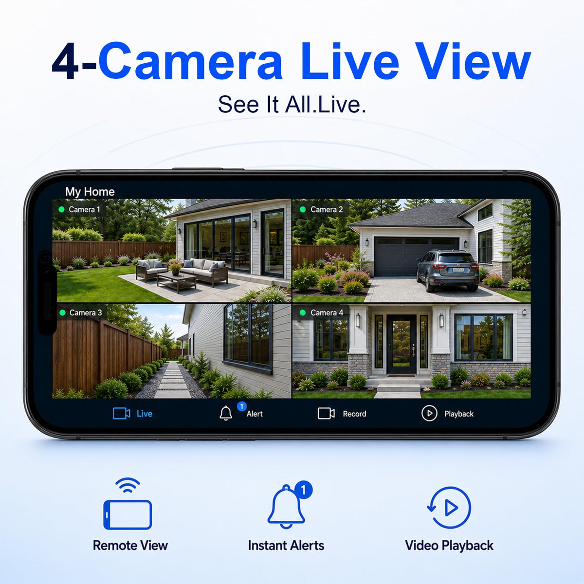 4 Pack Solar Security Cameras Wireless Outdoor, 2K WiFi Camera System with 64GB Local Storage, 360° Home Coverage, Color Night Vision, Human Detection, Two-Way Audio, No Monthly Fees