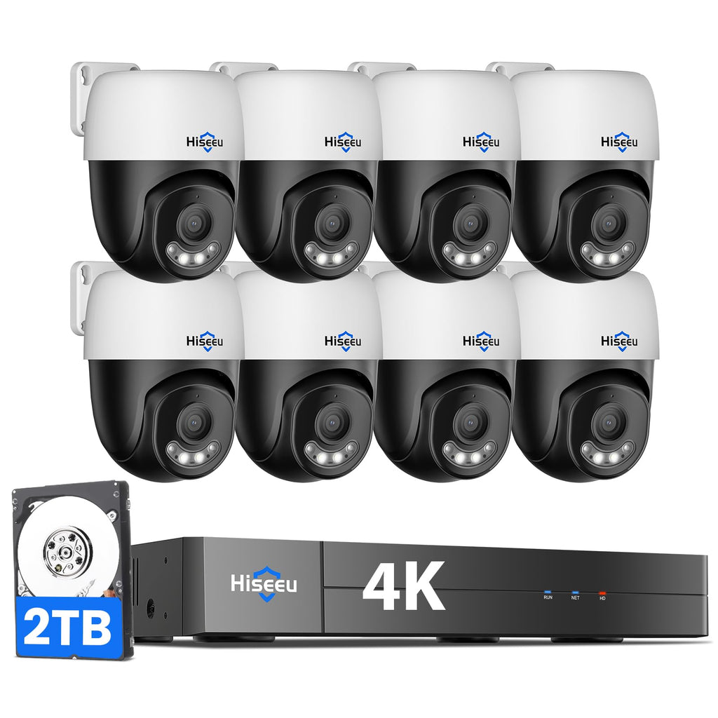 【360°View】 Hiseeu 4K PoE PTZ Security Camera System，6 Pcs Security Cameras
