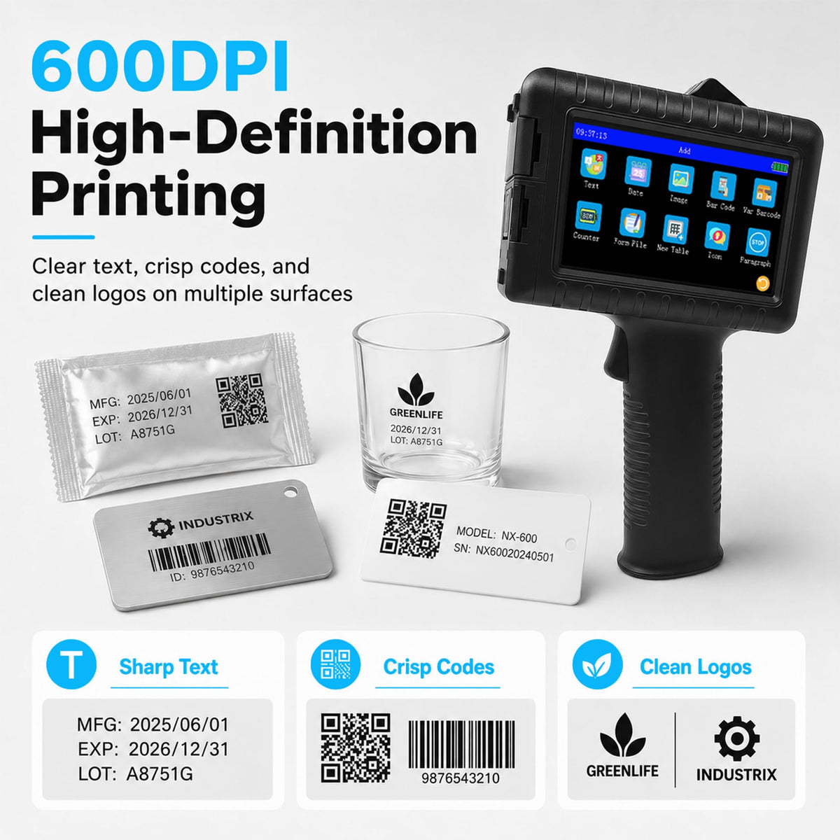 Handheld Inkjet Printer for Text Date Barcode Batch Number, 0.5 Inch Print Height Portable Handheld Printer for Glass Wood Plastic Cardboard Metal,Weight 370g, with 42ml Black Fast Dry Ink