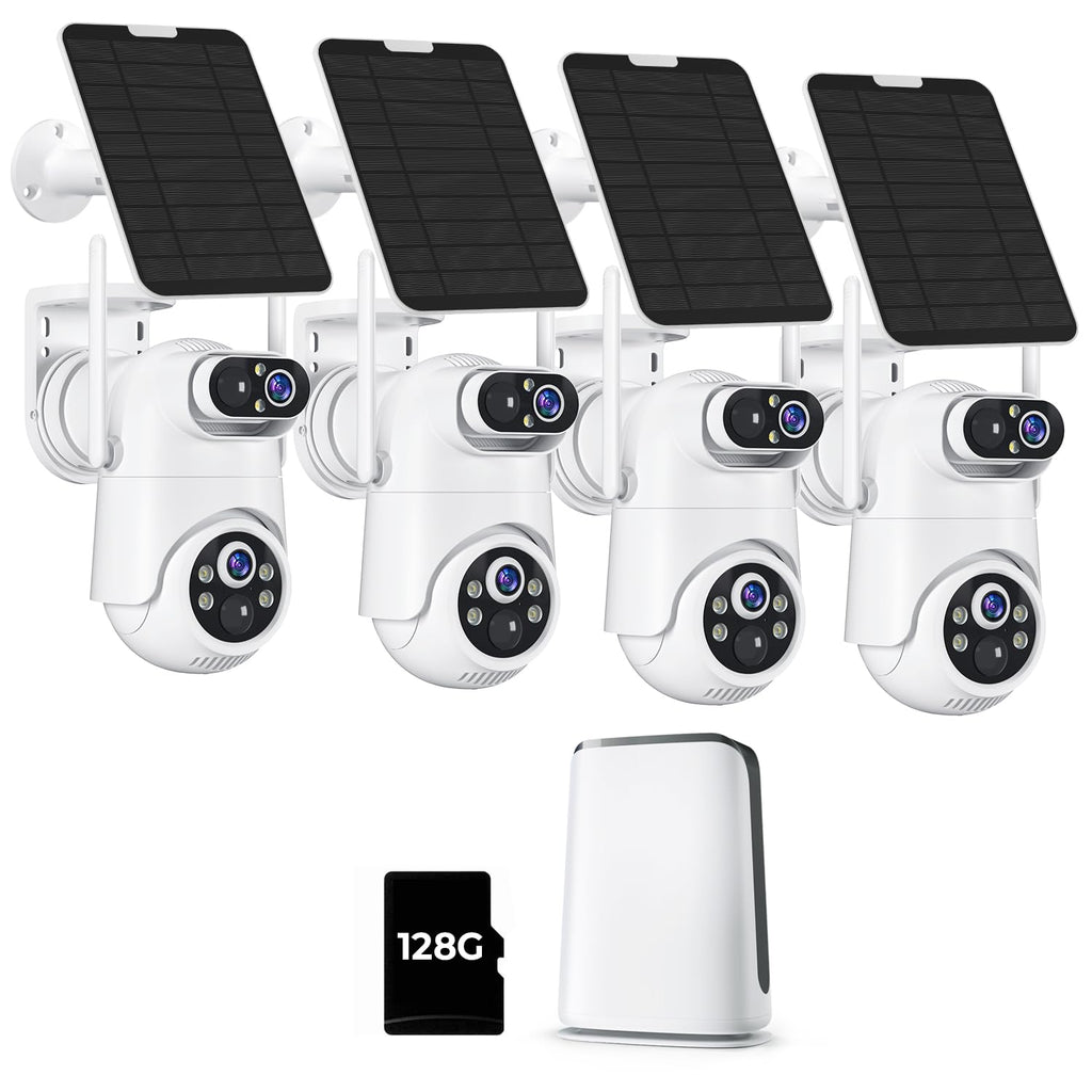 Security Cameras Wireless Outdoor No Monthly Fee, 4 Cam Kit Dual-Lens Solar Security Camera System,128GB Local Storage, IP66, Night Vision,5G&2.4G WiFi 4MP Cameras for Home Security Router Compatible