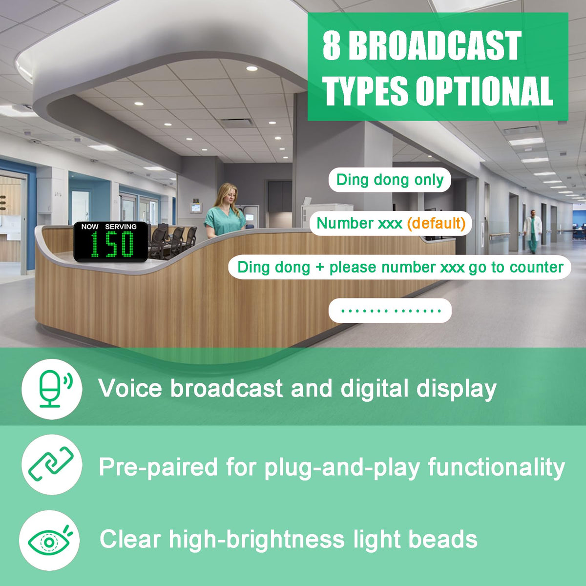 3-Digit Customer Number System Wireless Queue Calling System with 1 Keypad Caller 2 Now Serving Screens Real-Time Display Green Ticket Number for Office Clinic Bank Waiting Line Management
