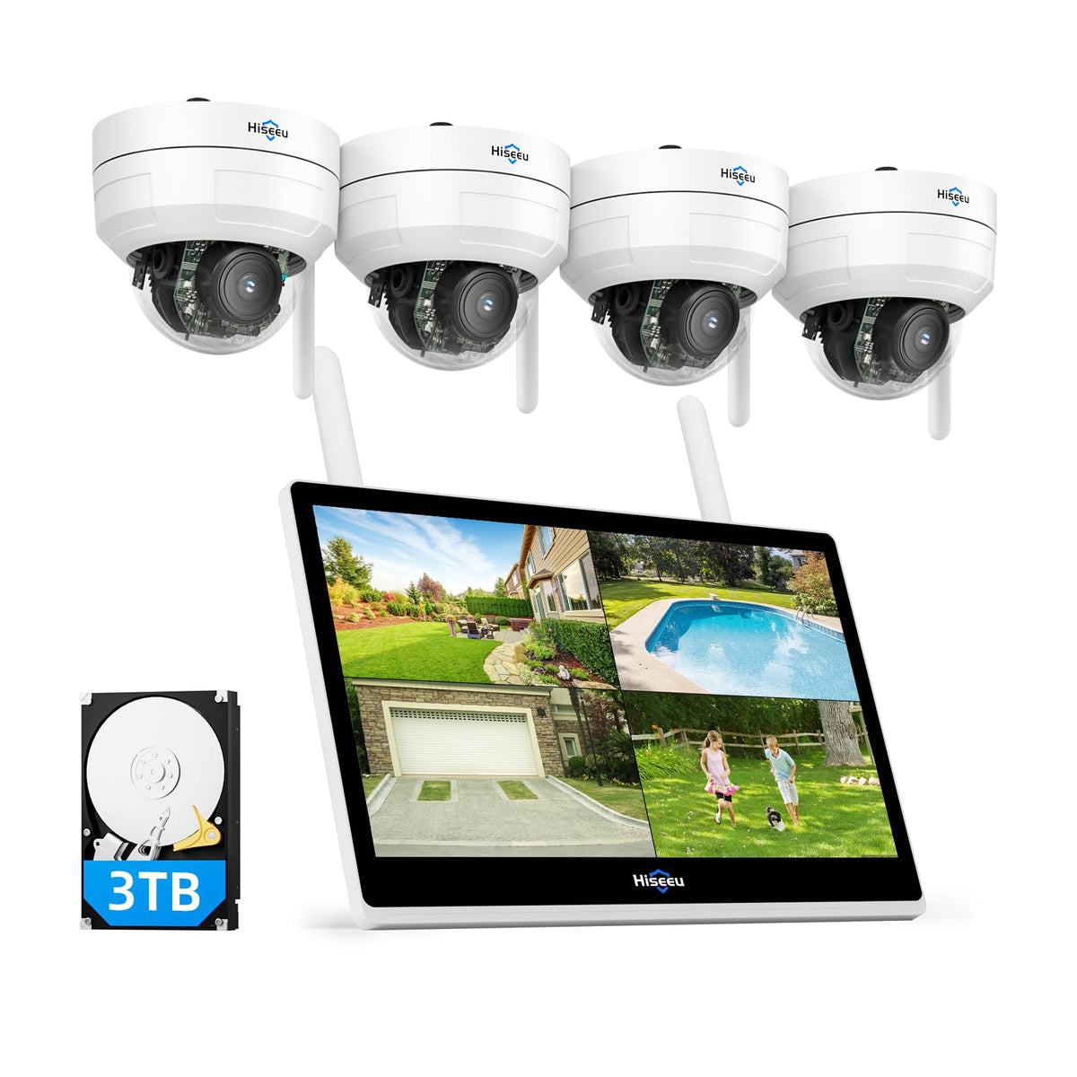 Hiseeu Wireless Security Camera System, 5MP 4 Cam-Kit, 14" LCD, 3TB HDD