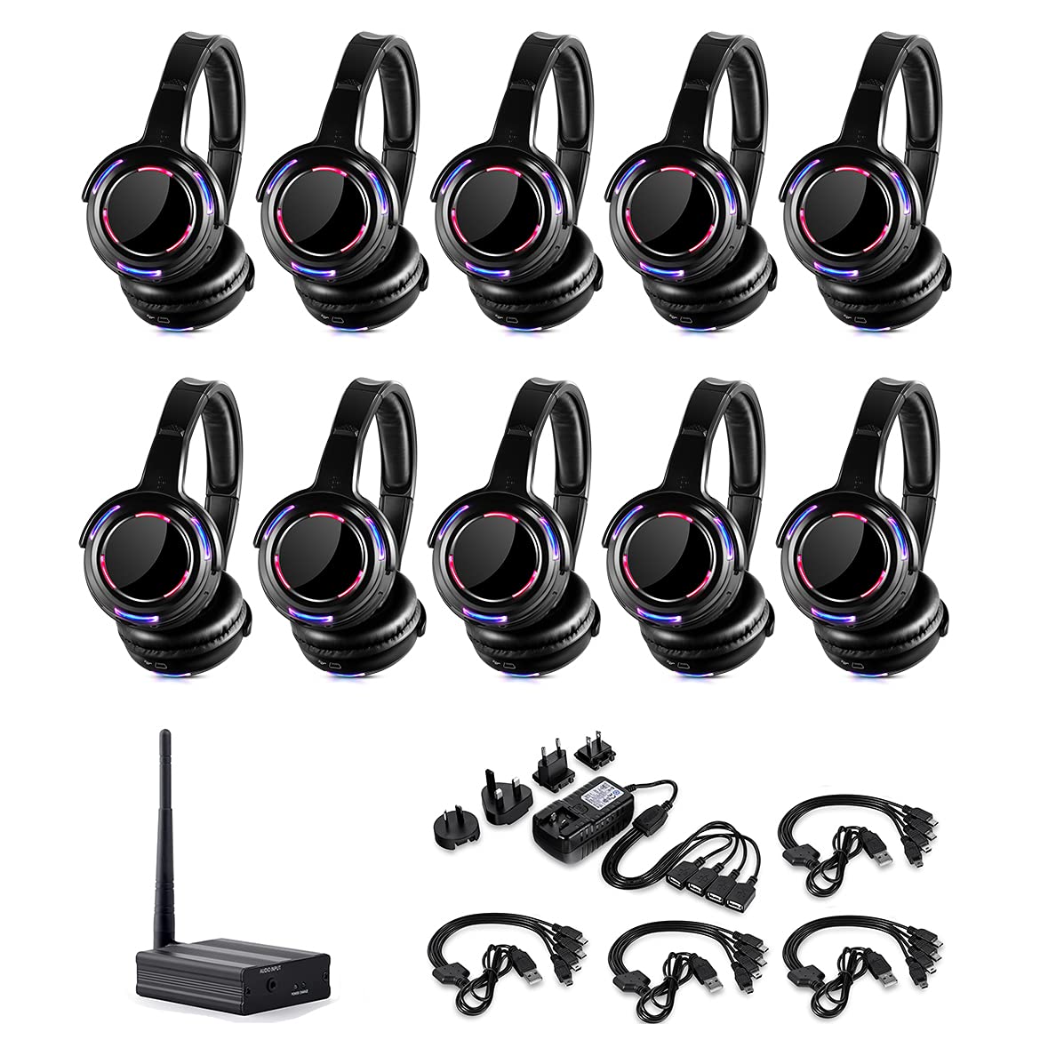 Professional Silent Disco LED Wireless Headphones and RF LED Silent Disco Earphones for iPod MP3 DJ Music Pary Club (20 led Headphone + 1 Transmitter)