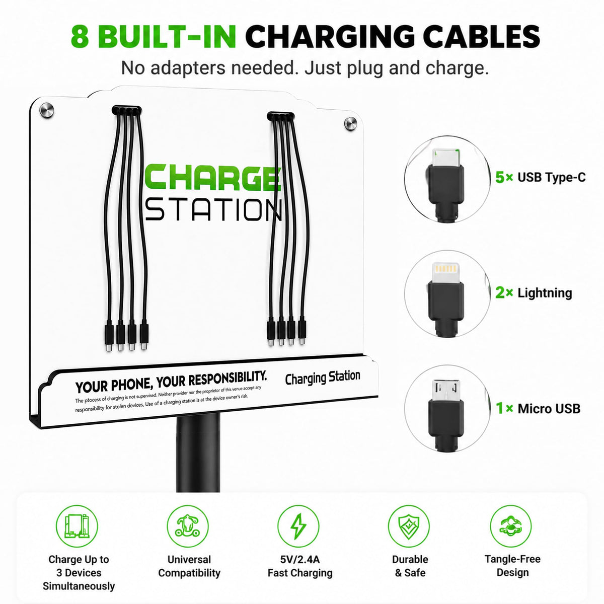 Commercial Floor Standing Phone Charging Station, 8 Cables