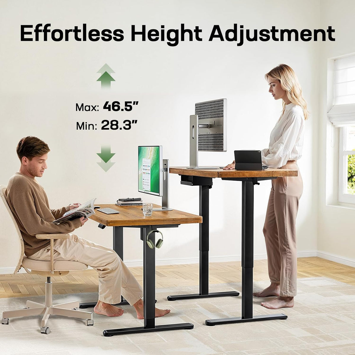 Marsail 55 x 30 Electric Standing Desk with One-Piece Desktop, Sit Stand Desk with Thickened Tabletop, Height Adjustable Stand Up Desk with Cable Management for Home Office(Frame+Desktop, 2 Packages)