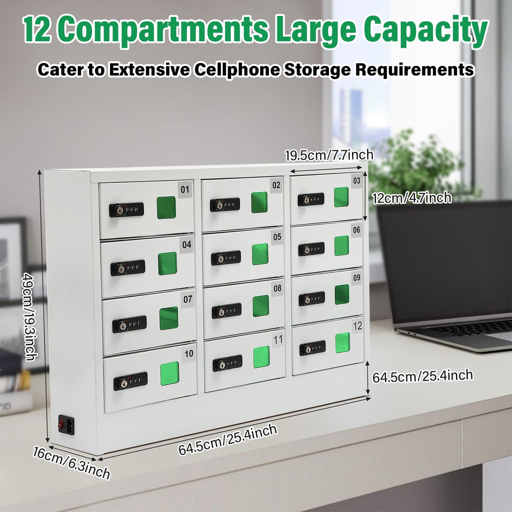12 Slots Cellphone Locker, Cellphone Locker with Combination Lock Phones Storage Pocket Cellphone Charging Station with 3 in 1 Charging Ports for Schools, Gyms, Employee Cabinets