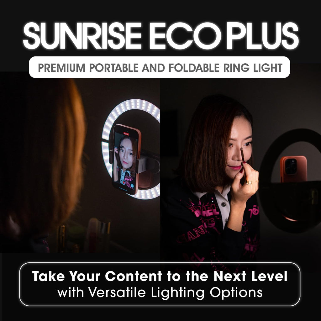 GLAMCOR Sunrise ECO Plus Pro Kit - Portable & Foldable LED Ring Light: Selfie Light & Content Creator Kit | HD Adjustable Color Temperature, Flicker-Free, with Phone Holder & Remote (Grey)