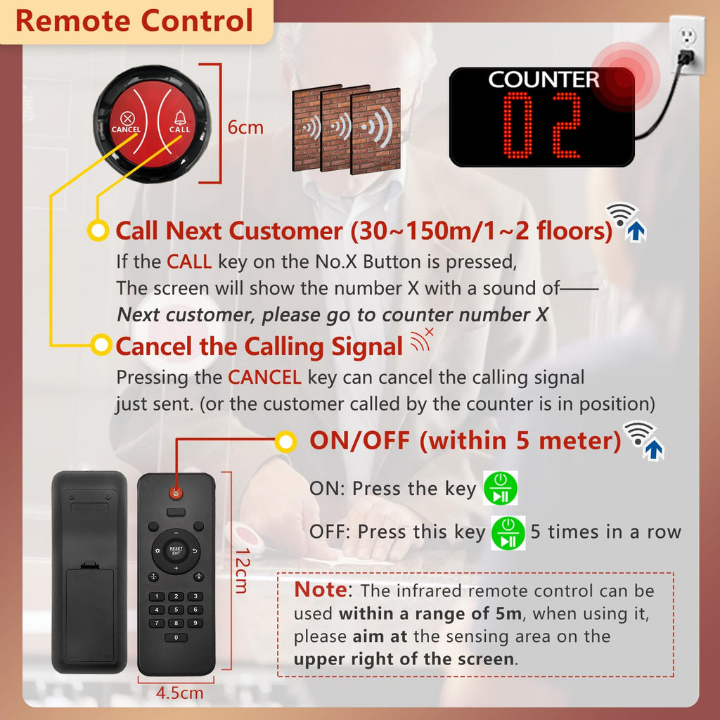 Take a Number System Wireless Queue Call System Show 2-Digit Counter Number for 10-Line Cashier Bank Window Doctor Room Supermarket Office Interview (C12+A2 1+10)