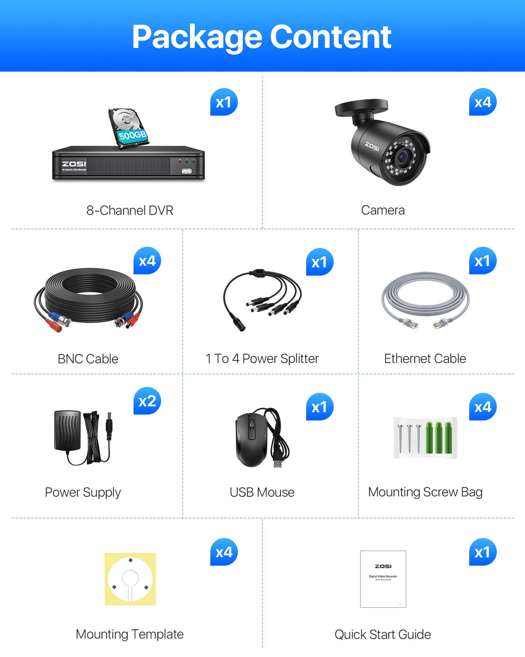 ZOSI 3K Lite Wired Security Camera System, 4 X 2MP CCTV Cameras, 500GB HDD