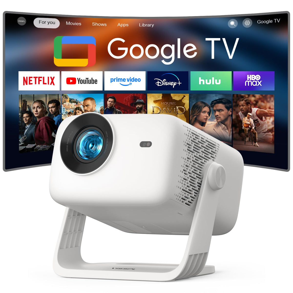【Google TV & 4K】Smart Projector with WiFi and Bluetooth, VISSPL AI Auto Focus & Auto Keystone Portable Outdoor Projector, Voice Control Movie Gaming Projectors for Bedroom/Ceiling
