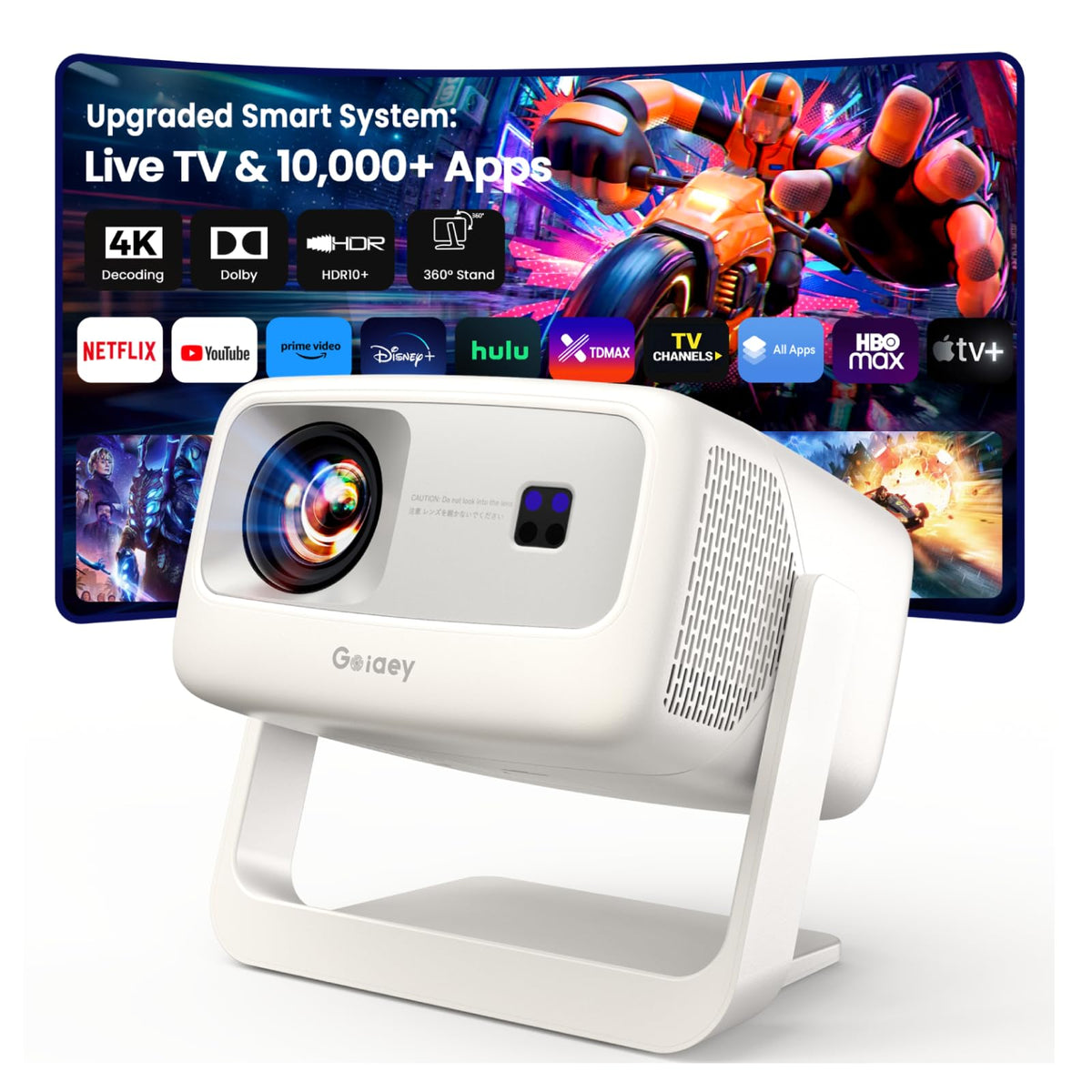 [5000 ANSI/10,000+ Apps/Live TV/65W Dolby] Outdoor-4K-Projector with WiFi and Bluetooth, AI Auto Focus & Keystone, HDR10+, All-in-One Streaming, Upgraded GO2 White Short Throw Projector with 360°Stand